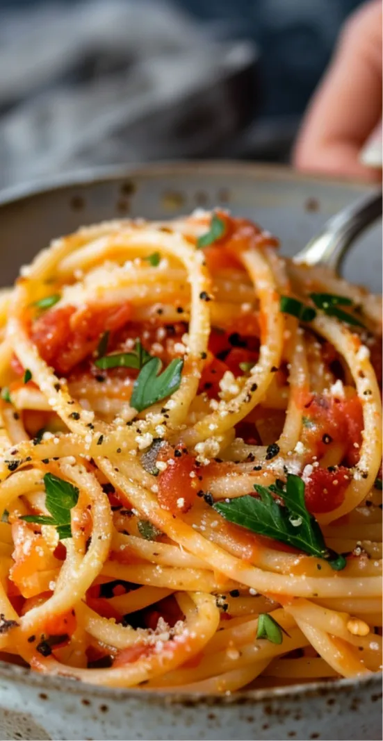 frische Spaghetti mit Tomaten, Basilikum, Salz und Pfeffer