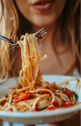 Dame nimmt mit einer Gabel Spaghetti mit Tomatensoße auf