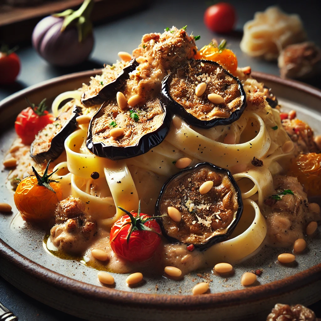 Tagliatelle mit Pinienkernen, frischen Tomaten und gebackenen Auberginen