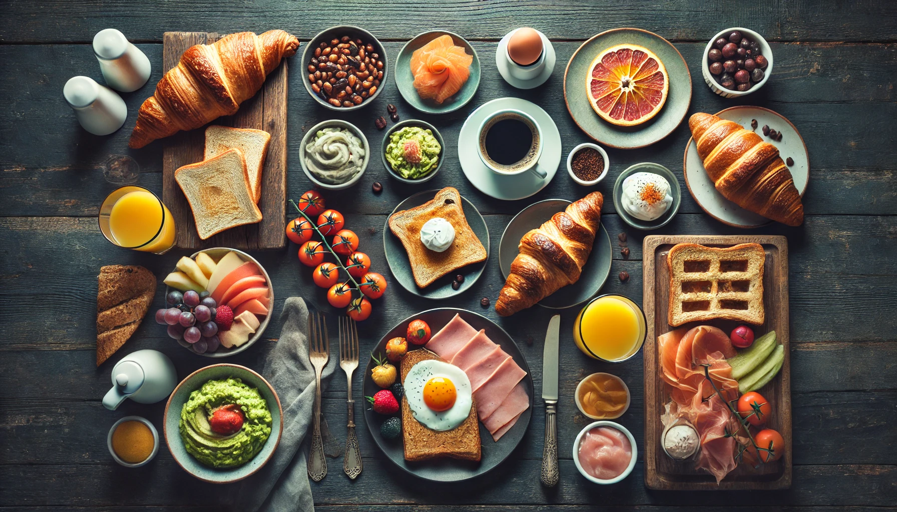 Frühstücksvielfalt: Crossaints, Toast, Eier, Kaffee, Orangensaft, Tomaten, Schinken, Lachs, uvm.